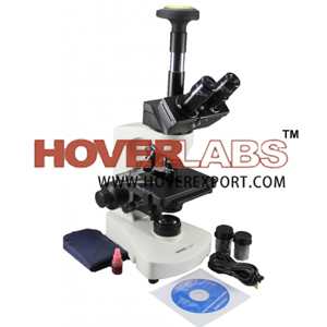 HOVERLABS ADVANCED PROFESSIONAL RESEARCH TRINOCULAR MICROSCOPE WITH SEMI PLAN ACHROMAT OBJECTIVES, 40X-1500X MAG., LED ILLUM., REVERSE NOSEPIECE+ 5.0 MEGAPIXEL CAMERA